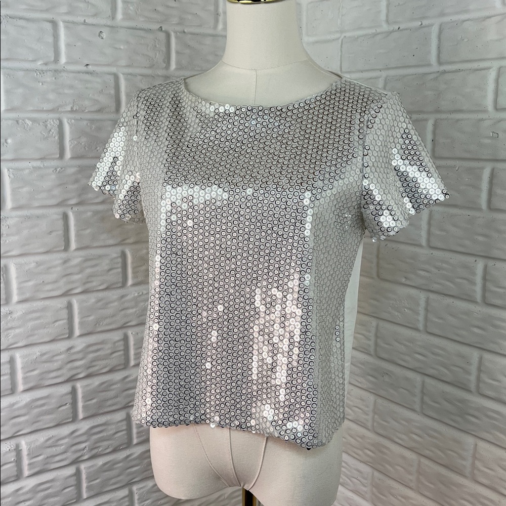 ZARA BASIC SILVER SEQUIN AND WHITE COTTON CROP SHORT SLEEVE TOP SZ SM